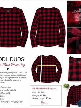 Cuddl Duds Red & Black Buffalo Plaid Fleece Top – Size L ❤️🖤